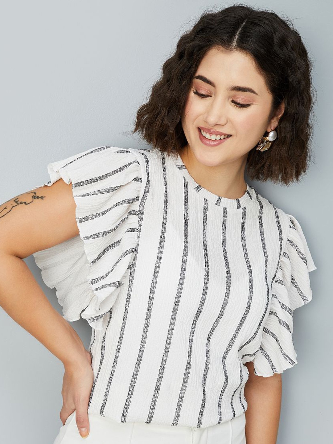 

max Women Striped Flutter Sleeve Top, Off white