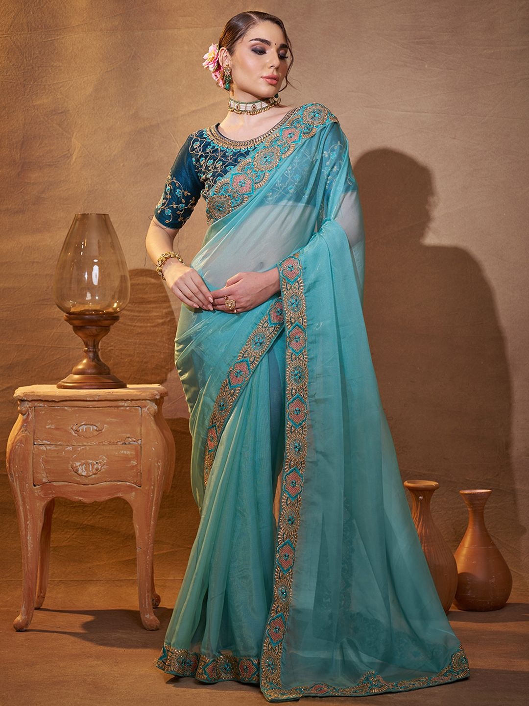 

Mitera Embroidered Organza Saree, Turquoise blue