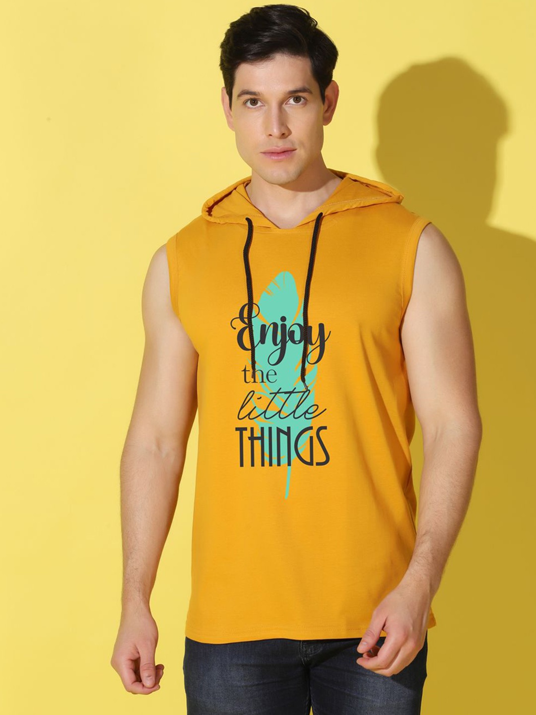 

WOOSTRO Men Graphic Printed Cotton Hooded T-shirt, Mustard