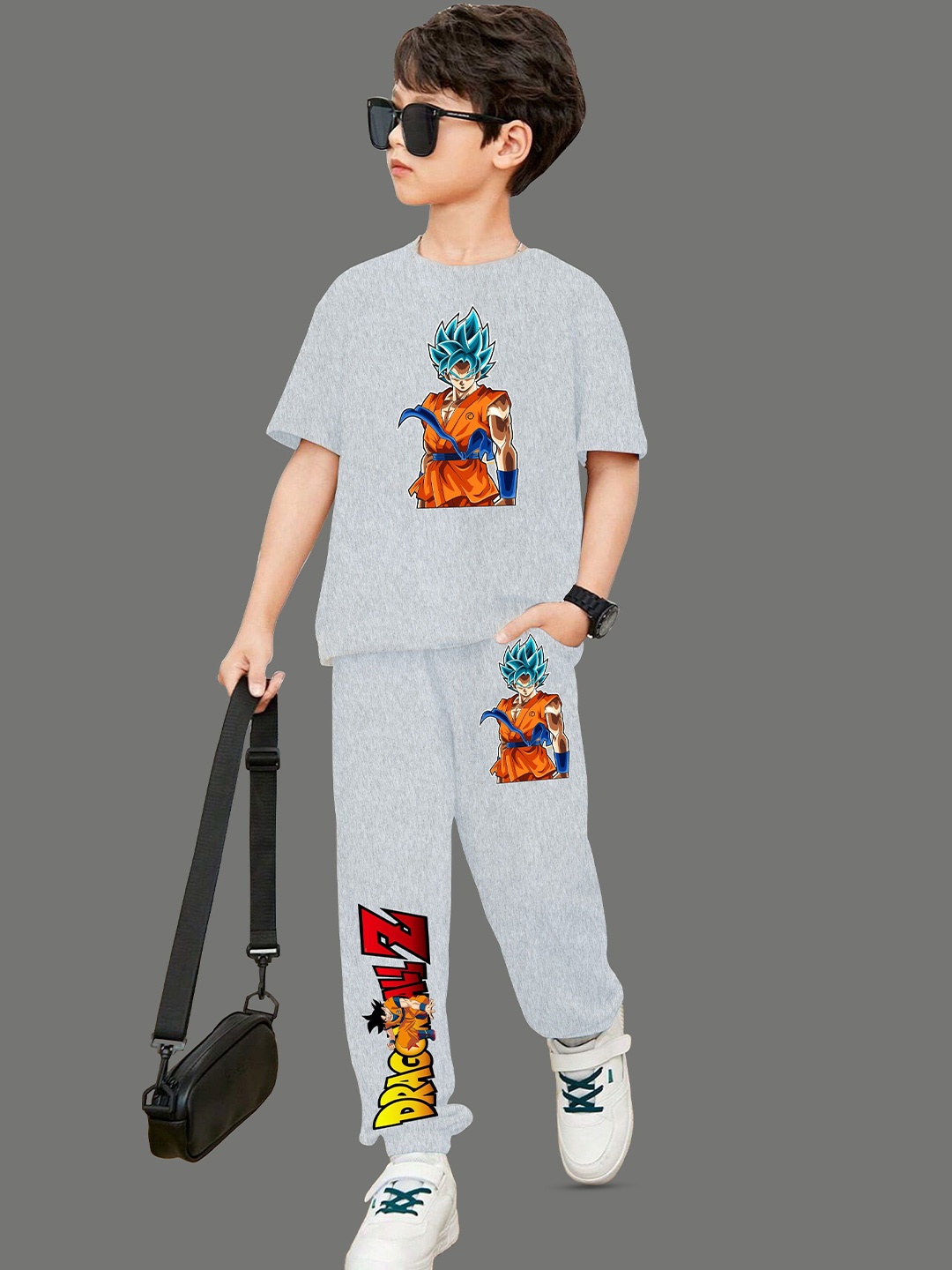

MODARUE Boys Dragon Ball Goku Printed Round Neck T-Shirt With Jogger, Grey