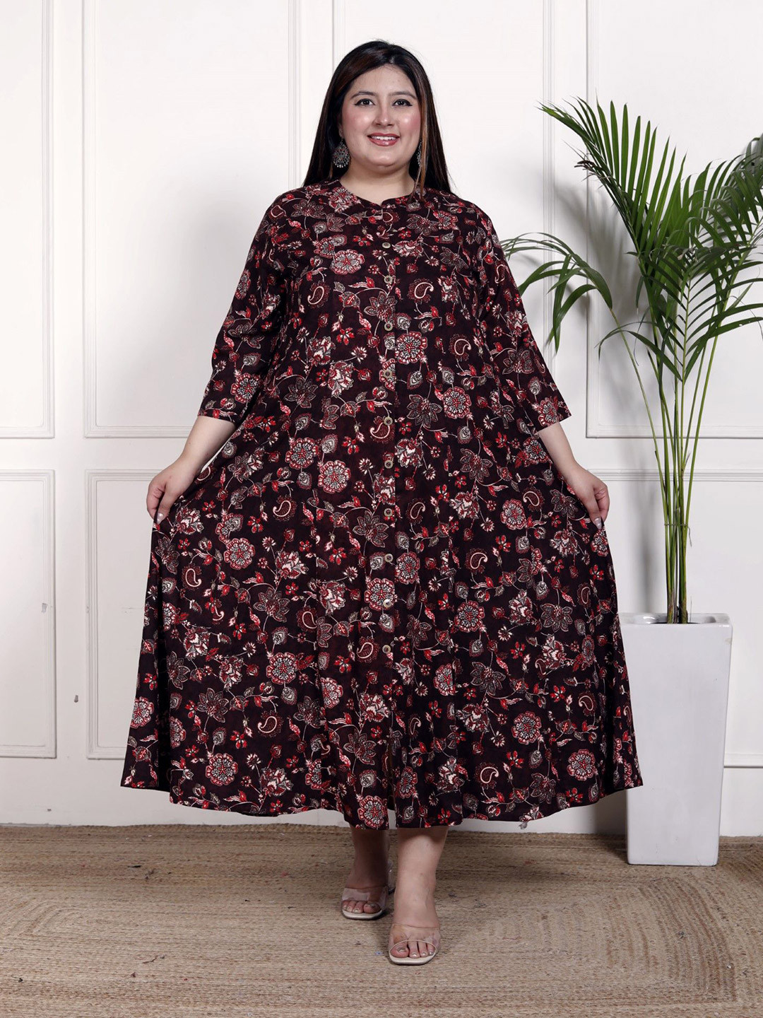 

Swasti Women Plus Size Floral Printed Mandarin Collar Maxi Dress, Brown