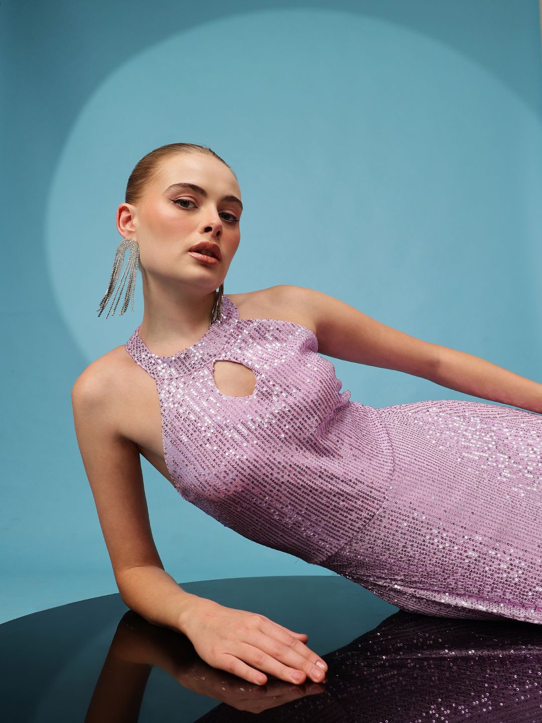 

ATRAENTA Embellished Cut-Outs Detail Net Maxi Dress, Lavender
