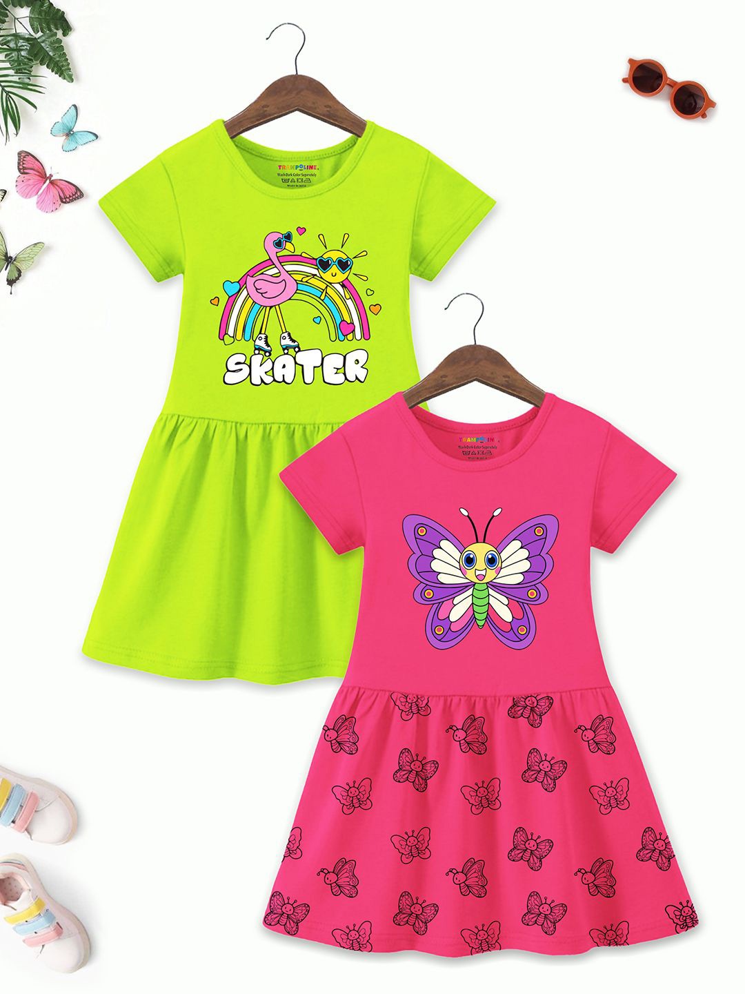 

YK X Trampoline Pack Of 2 Girl Graphic Print Cotton Fit & Flare Dress, Green