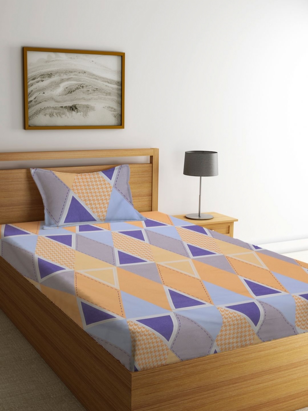 

Myntra Elegant Homes Orange & Violet Printed 300 TC Single Bedsheet Set-220 cm x 150 cm