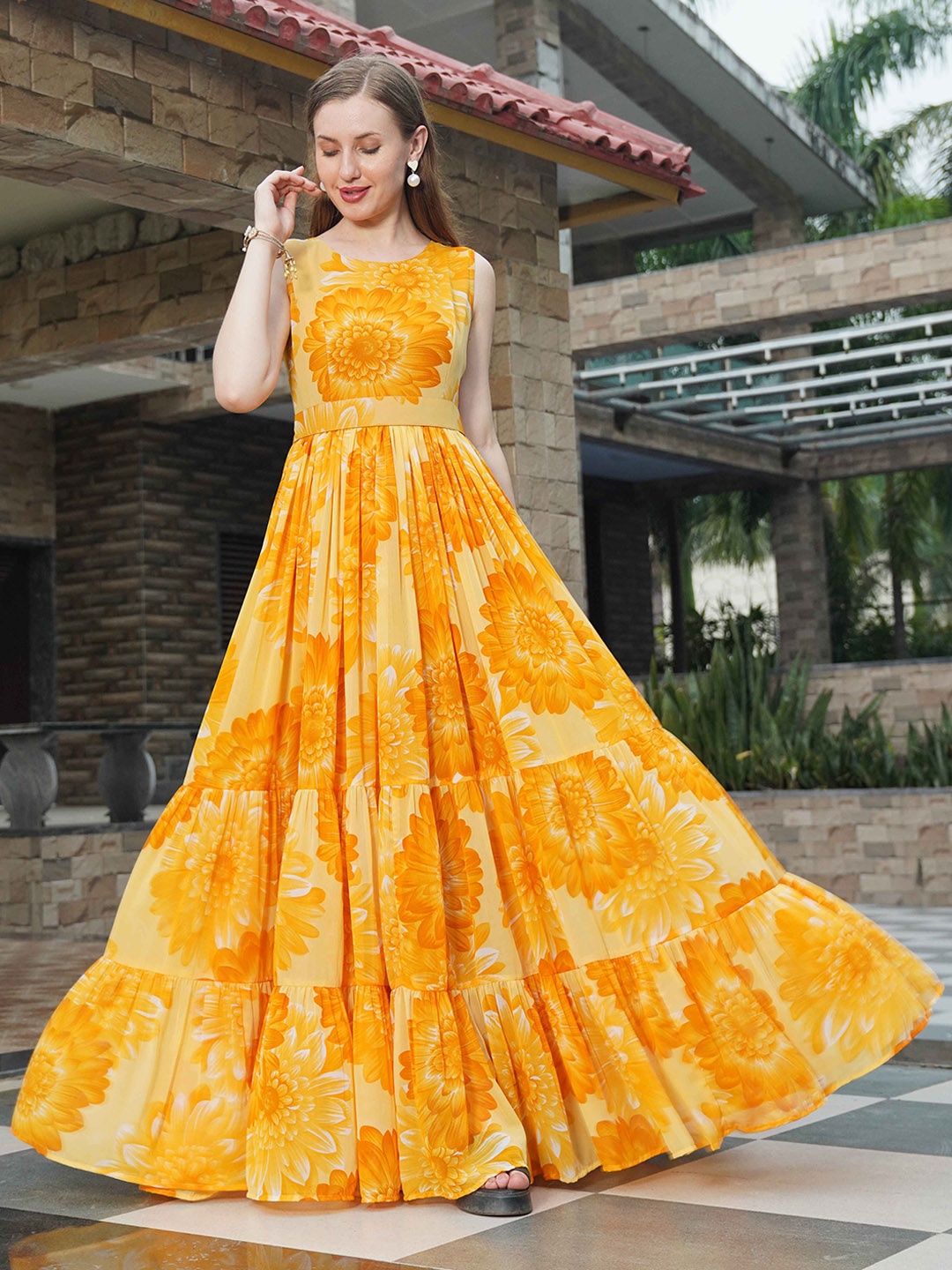 

ODD BY chansi TRENDZ Floral Printed Flared Maxi Dress, Yellow