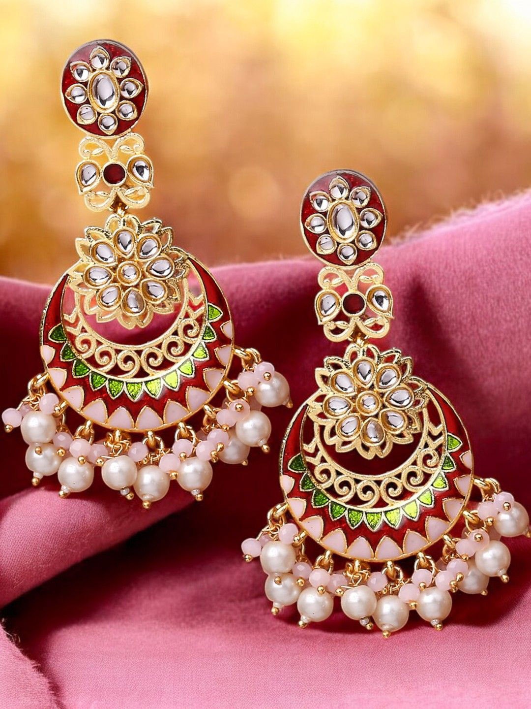 

Anouk Kundan Stone Studded Crescent Shaped Meenakari Drop Earrings, Red