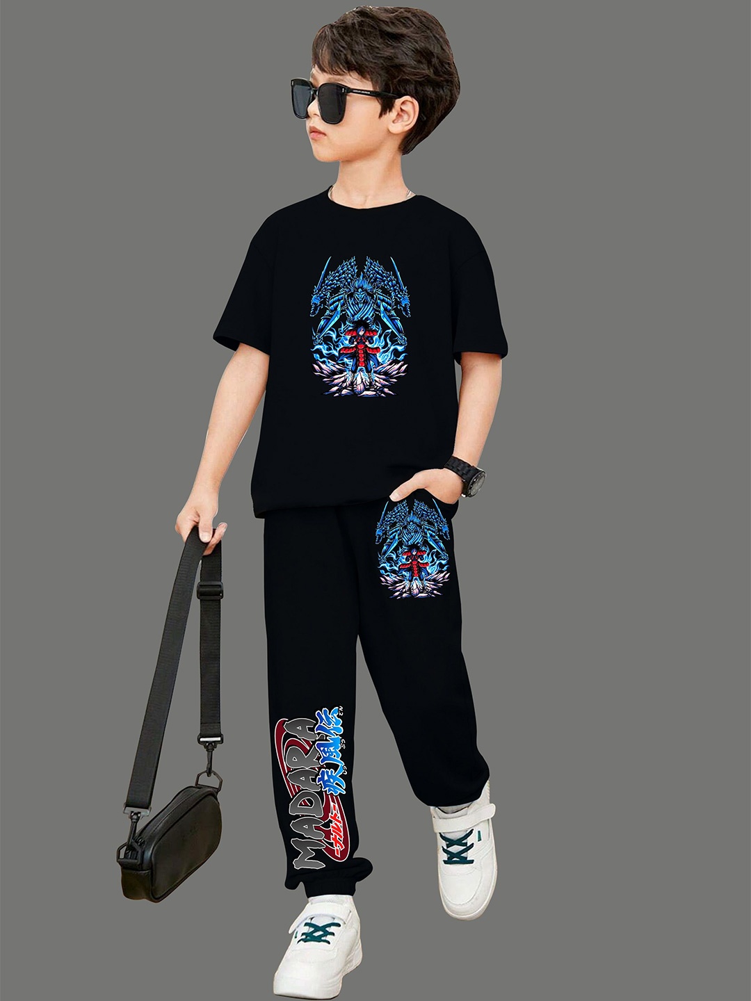 

MODARUE Boys Anime Printed Round Neck T-shirt With Joggers, Black