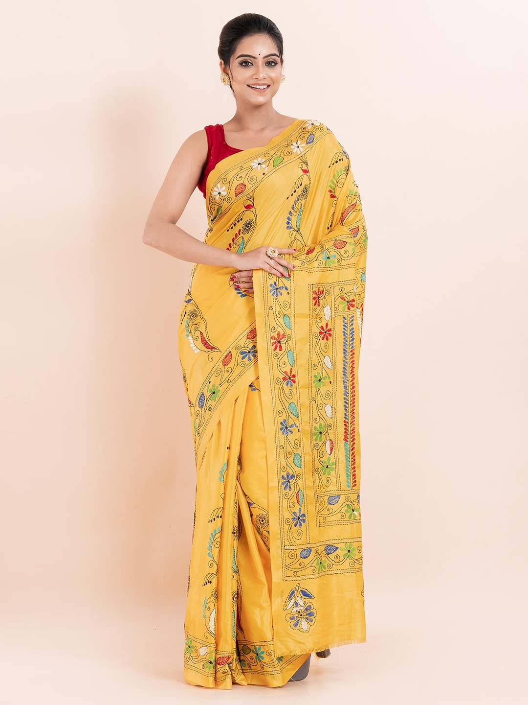 

PUKU Ethnic Motifs Embroidered Kantha Work Saree, Yellow