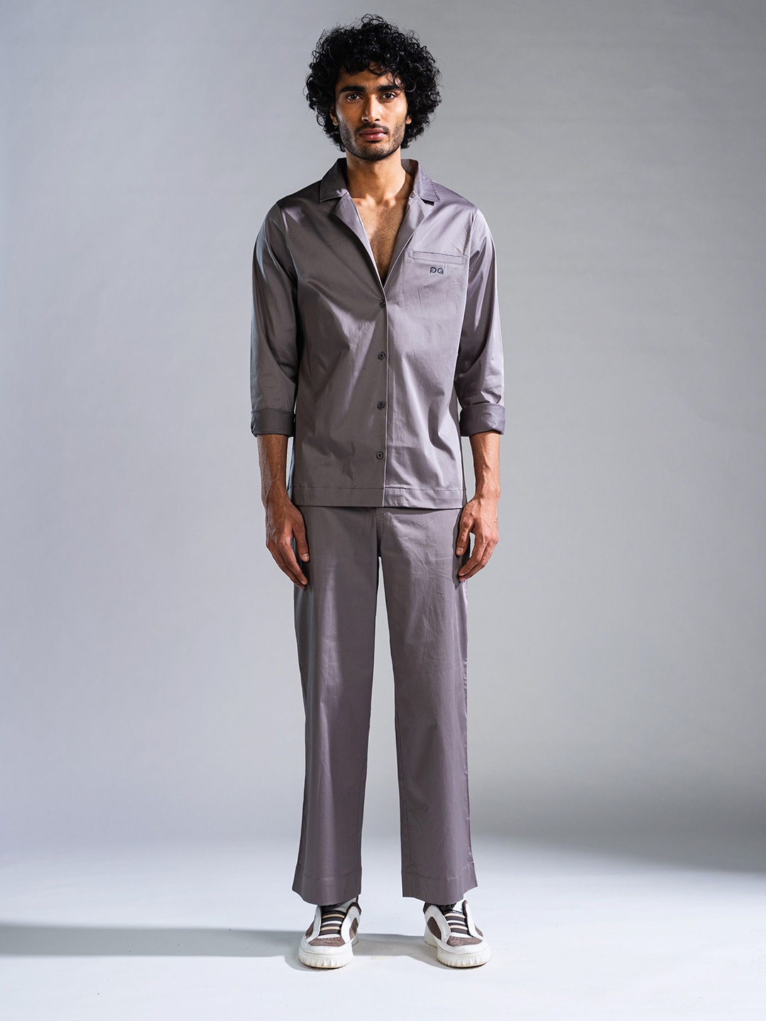 

PRIMAL GRAY Men Tailored Fit Cuban Collar Solid Cotton Casual Shirt, Grey