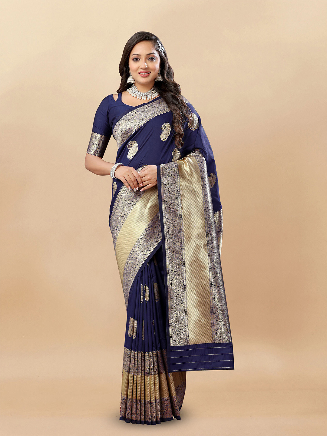 

VEECHIS Woven Design Zari Silk Blend Banarasi Saree, Navy blue