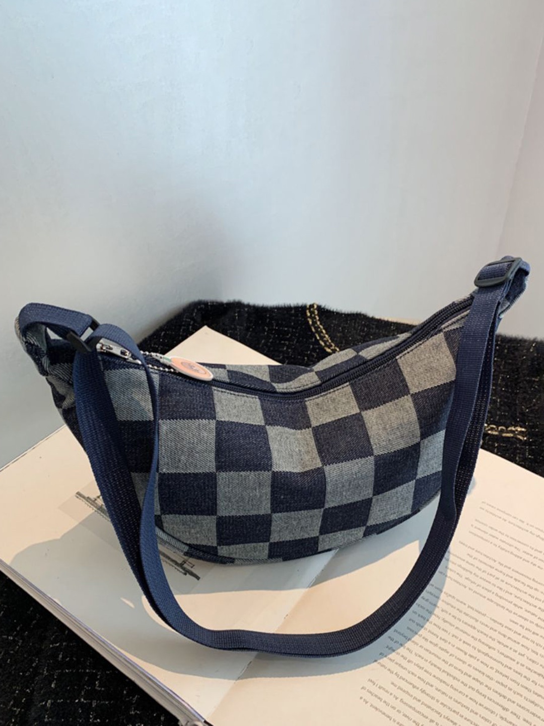 

DressBerry Checked Shopper Hobo Bag with, Navy blue