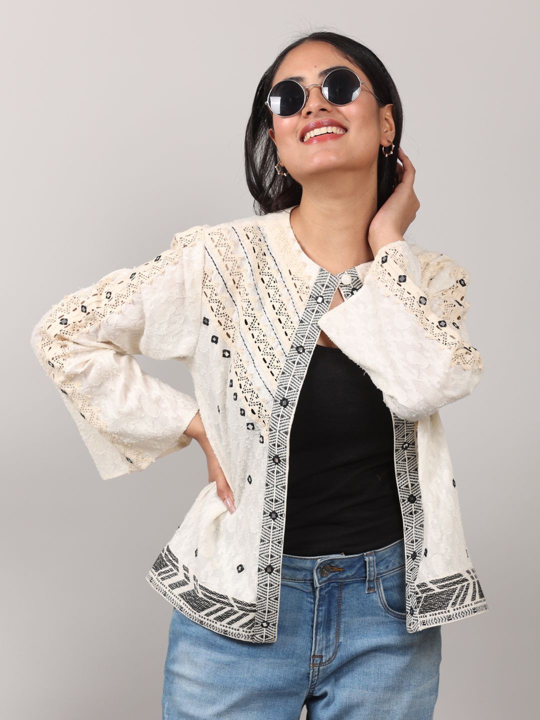 

Oskos Embroidered Flared Sleeve Cotton Top, Off white