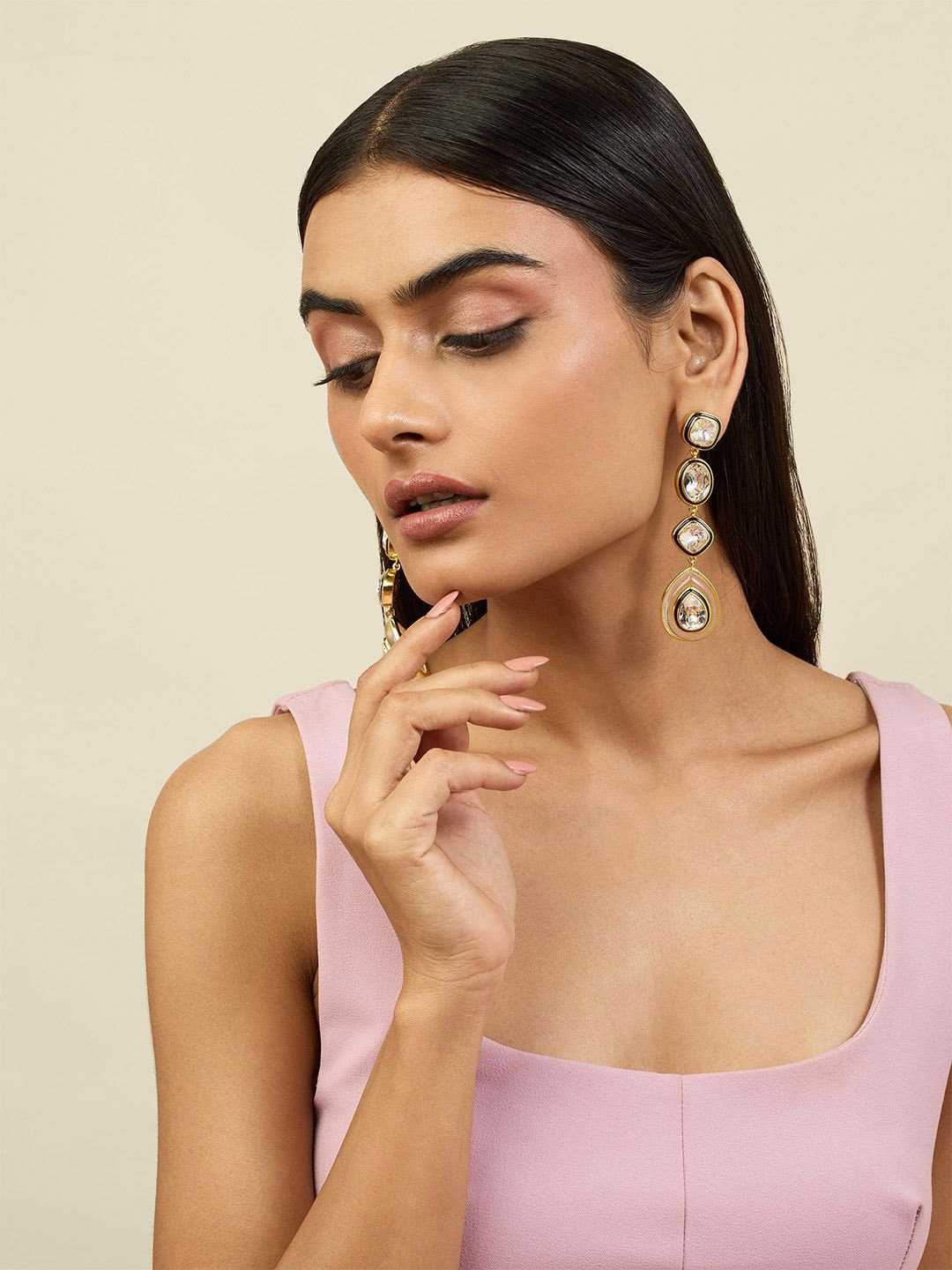 

Isharya 18KT Gold Plated Crystals Studded Geometric Tidal Treasures Drop Earrings