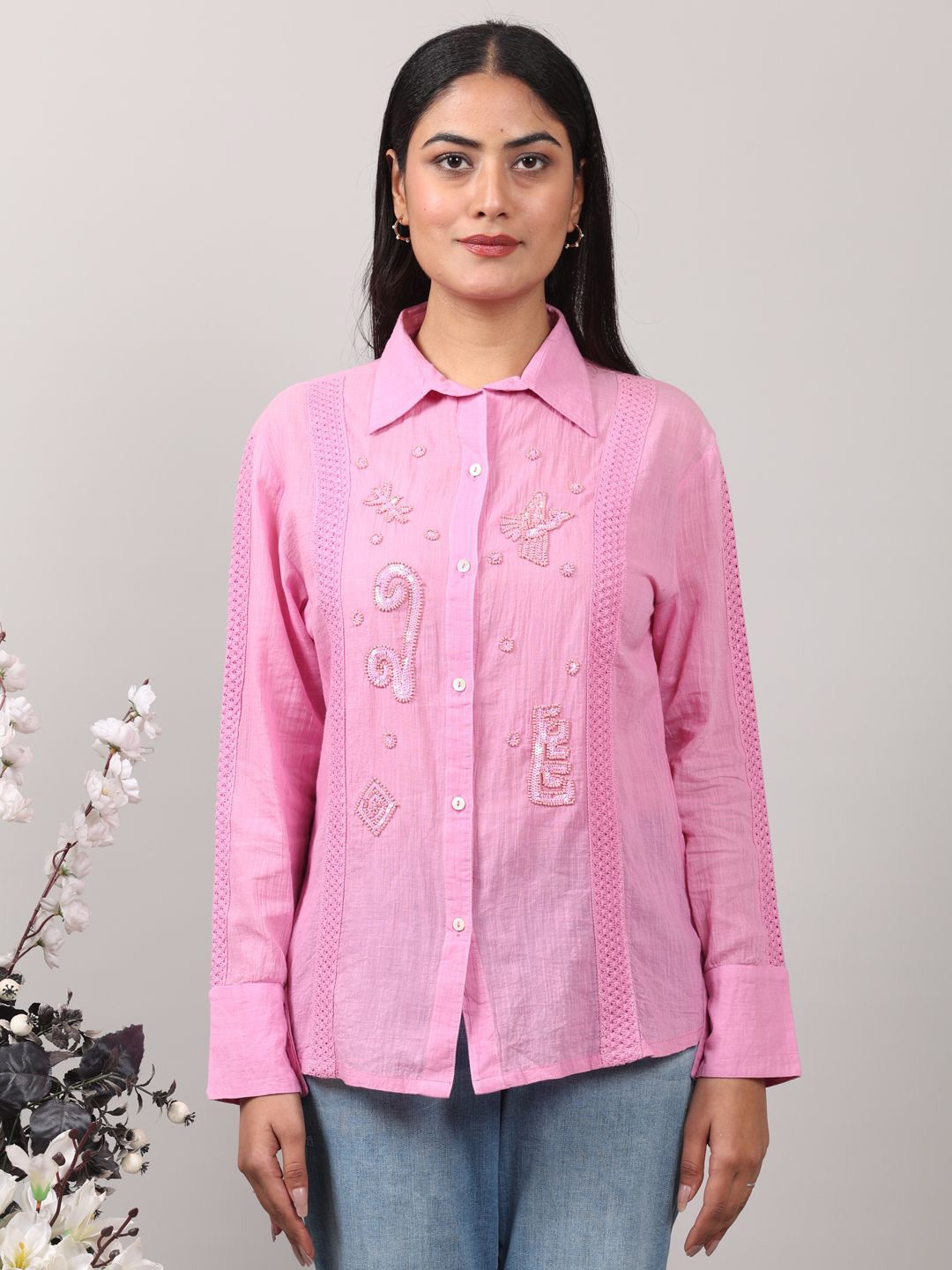 

Oskos Embroidered Cotton Top, Pink