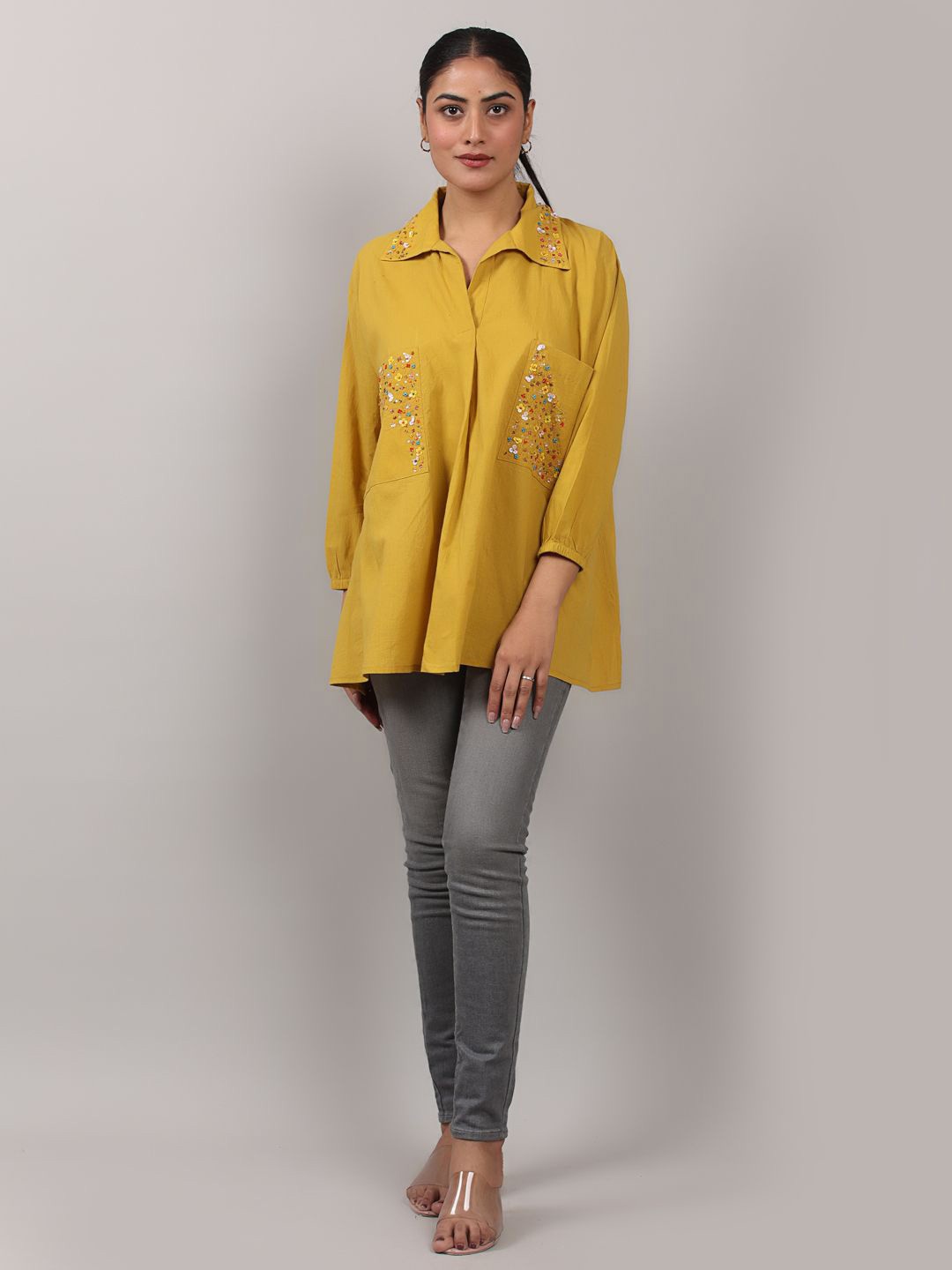 

Oskos Embellished Embroidered Cotton Shirt Style Top, Yellow