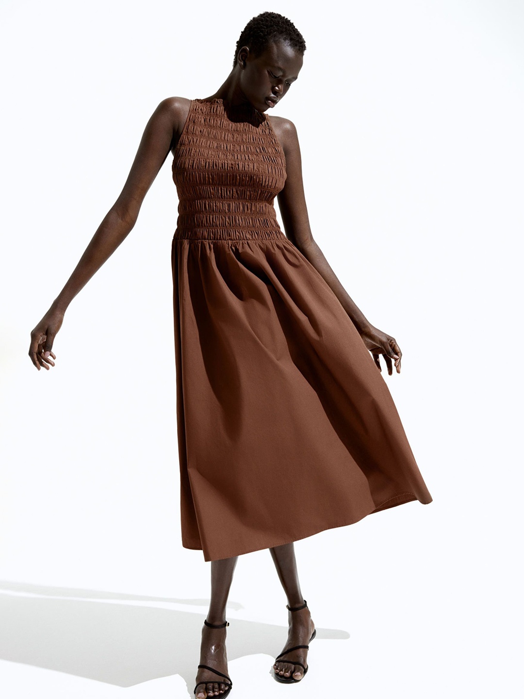 

H&M Women Smocked-Bodice Dress, Brown