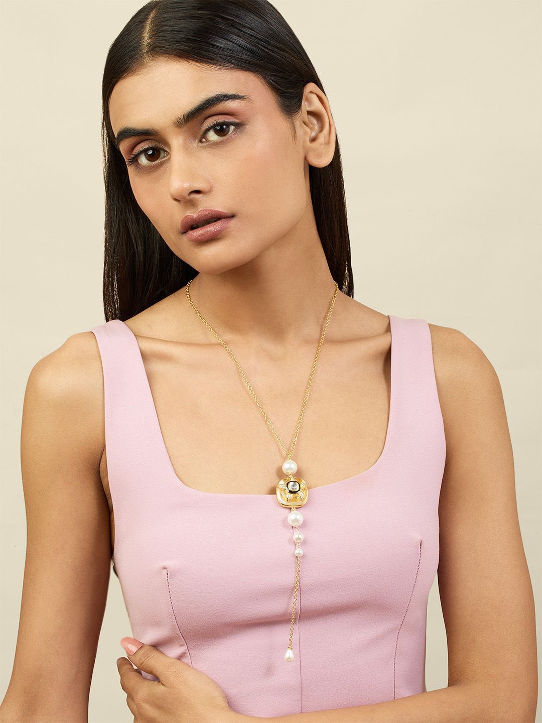 

Isharya Brass 18KT Gold-Plated Crystals Stone Studded & Beaded Clear Core StarfishNecklace
