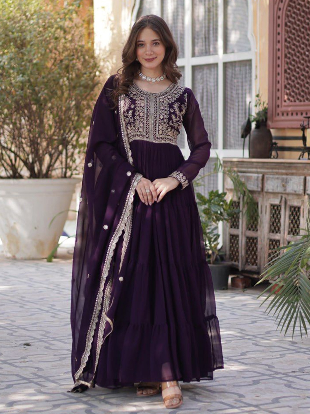

ZIBLON Sequins Embroidered Georgette Gown Dress Comes with a Dupatta, Purple