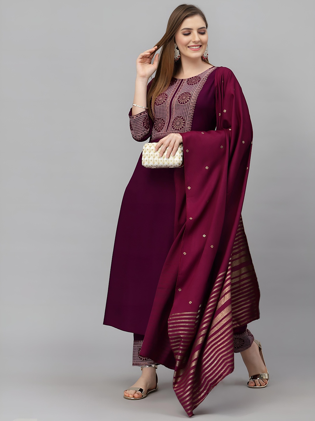 

Shree Infinity Export Floral Embroidered Pure Cotton Straight Kurta With Trouser & Dupatta, Maroon