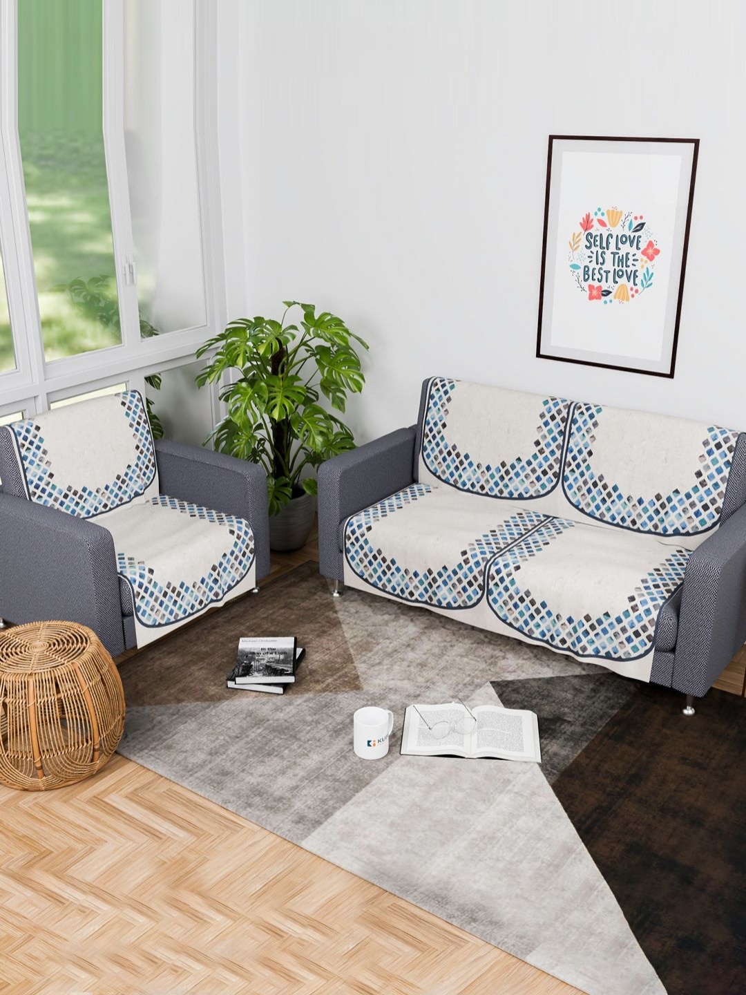 

Aura Grey & Blue 6 Pieces Geomeric Printed 3 Seater Velvet Sofa Covers