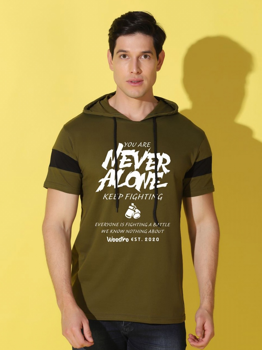 

WOOSTRO Men Typography Printed Hooded Slim Fit T-shirt, Olive