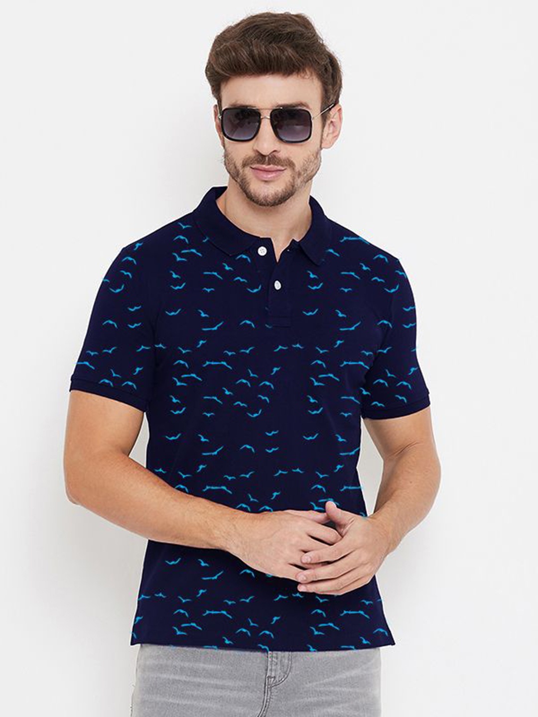 

Bishop Cotton Men Printed Polo Collar T-shirt, Navy blue