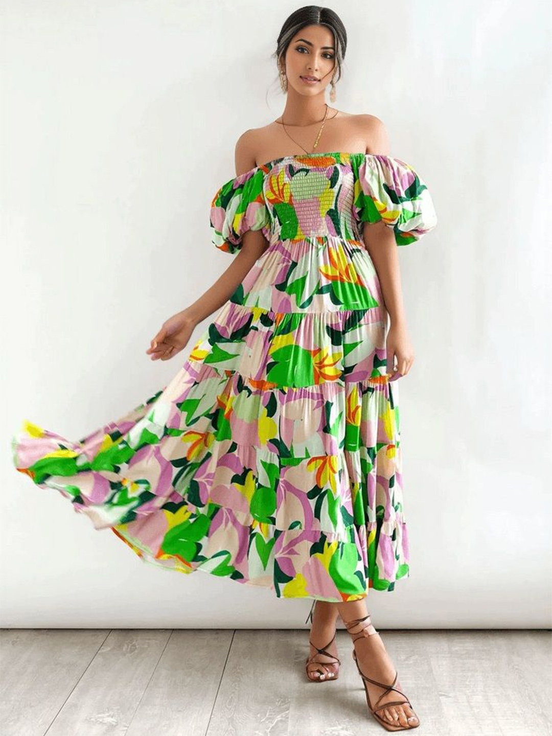 

FIESTA RESORTWEAR Women Tropical Print Off-Shoulder Flutter Sleeve Fit & Flare Maxi Dress, Multi