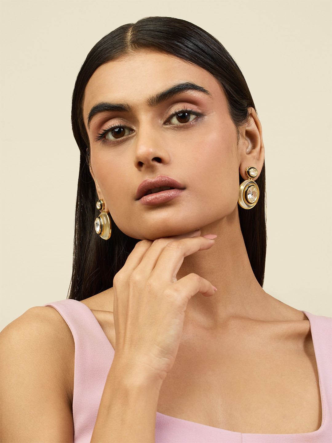 

Isharya 18KT Gold Plated Crystals Studded Oval Shaped Oceanus Mismatched Drop Earrings