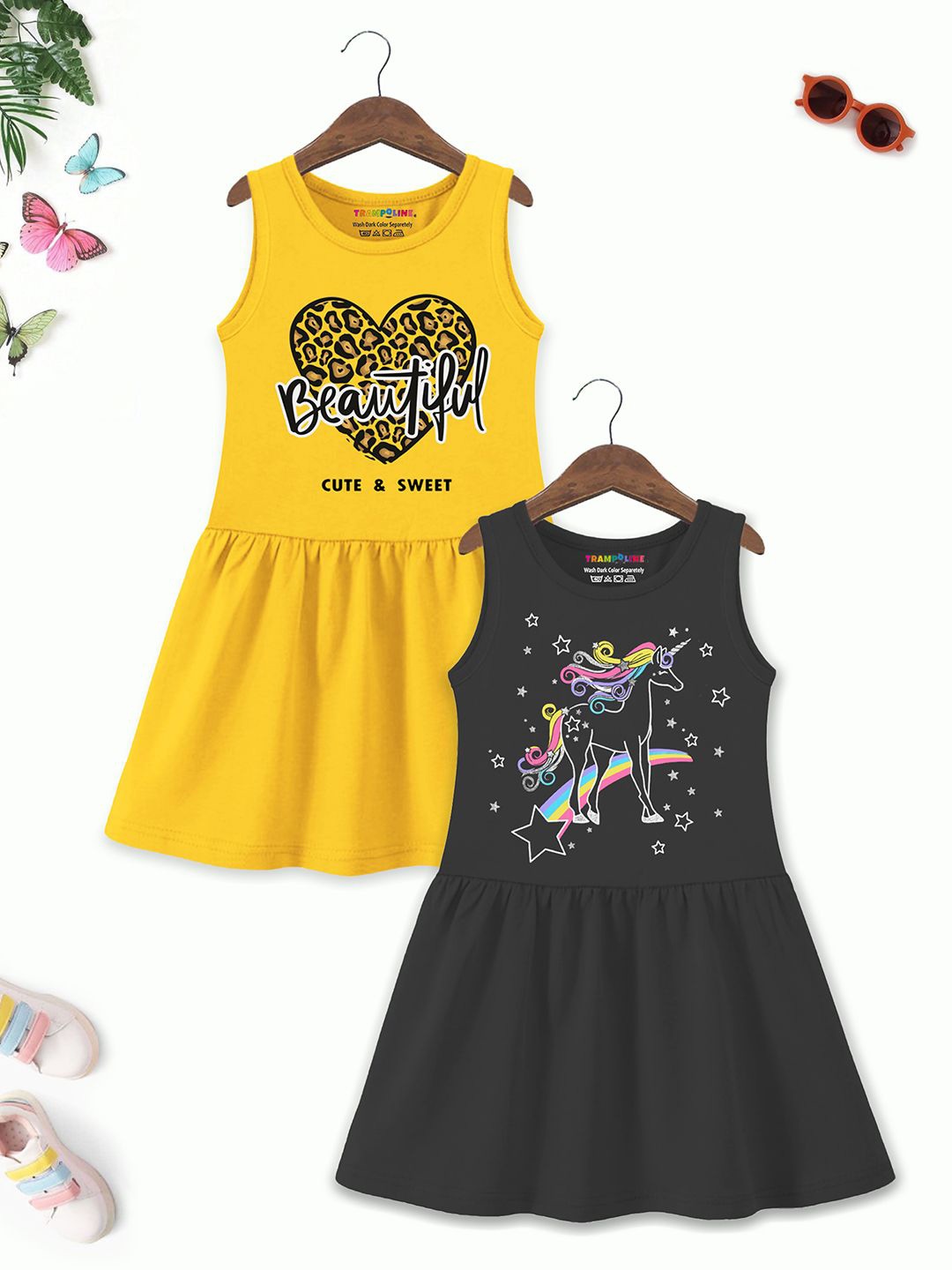 

YK X Trampoline Girls Pack of 2 Printed Cotton Fit and Flare Dress, Yellow