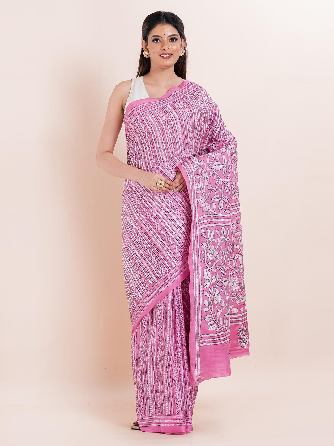 

PUKU Ethnic Motifs Embroidered Kantha Work Saree, Pink