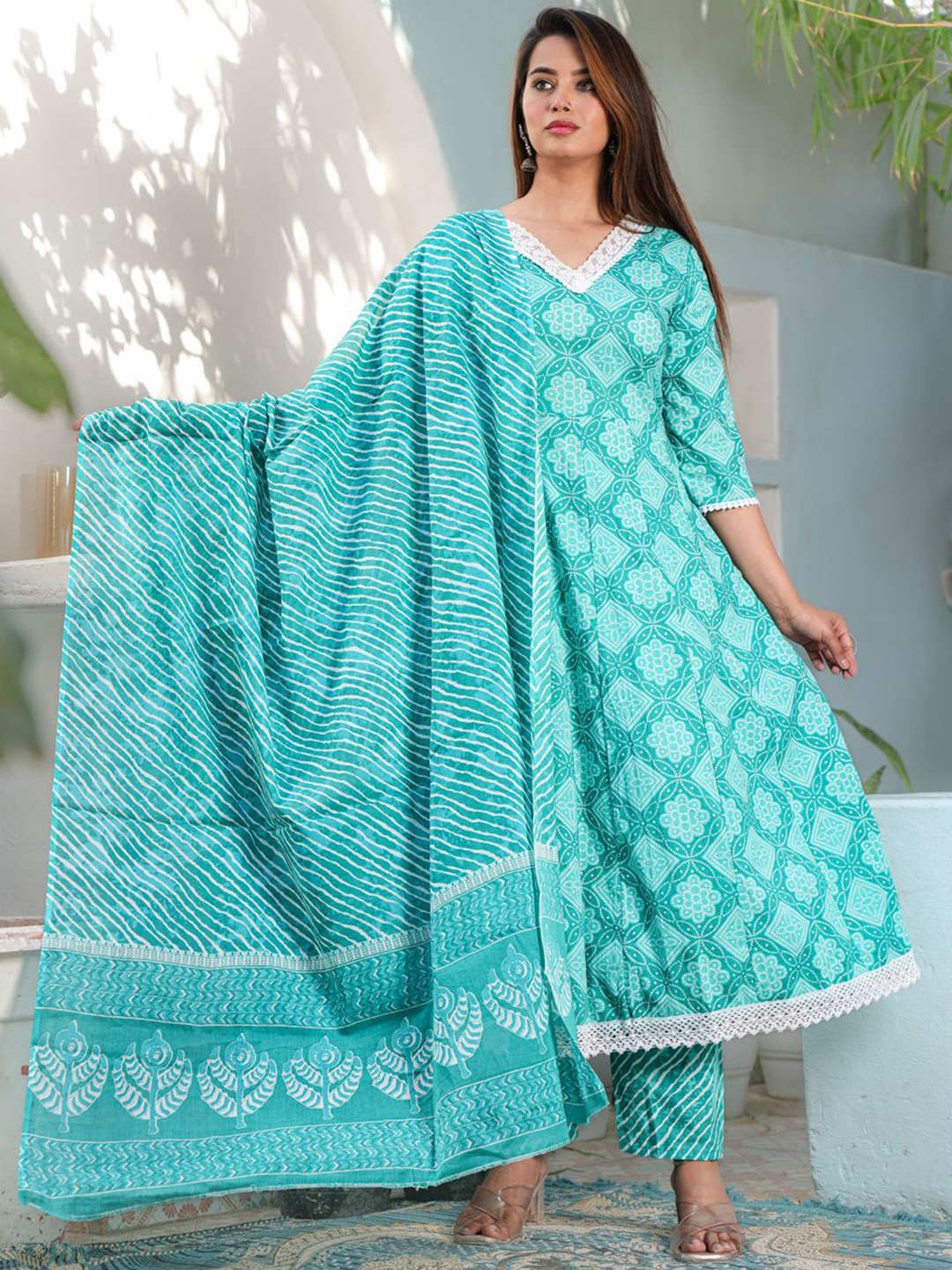 

SINGNI Bandhani Printed Thread Work Pure Cotton Anarkali Kurta with Trouser & Dupatta, Turquoise blue