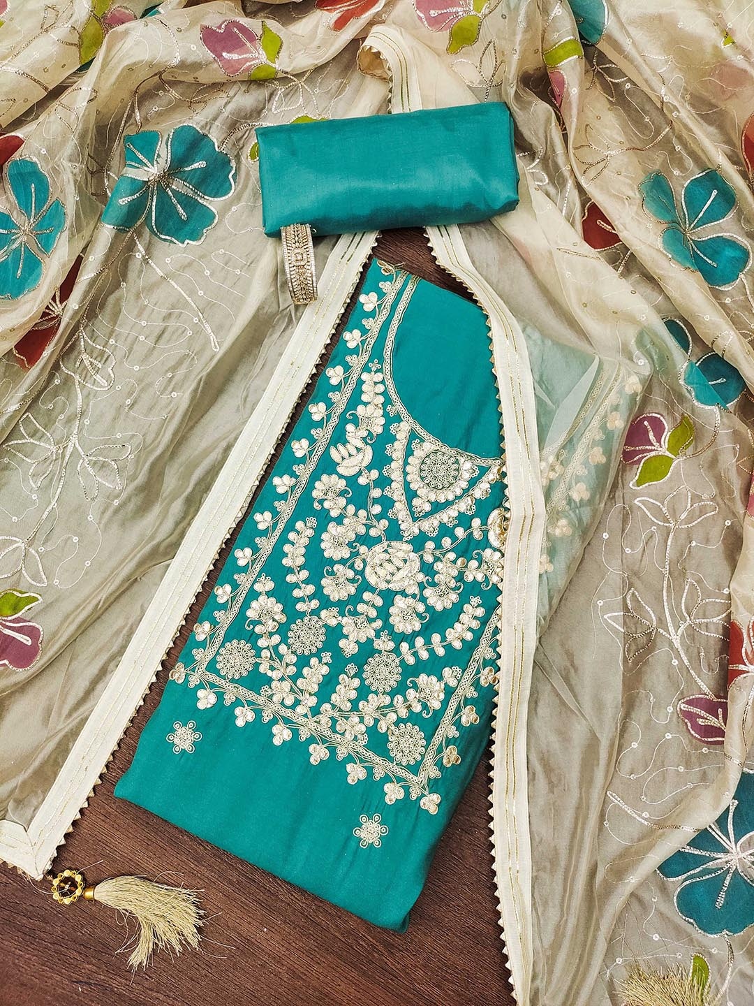 

SHADOW & SAINING Floral Embroidered Sequinned Pure Silk Unstitched Dress Material, Teal