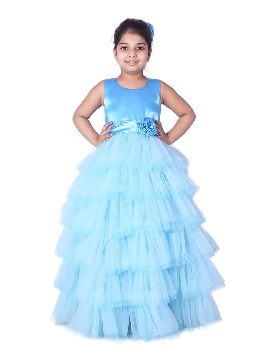 

Wow Princess Girl Round Neck Sleeveless Net Tiered Fit and Flare Maxi Dress, Turquoise blue