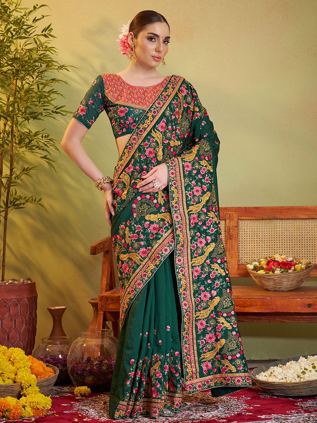

Mitera Ethnic Motifs Printed Embroidered Saree, Green