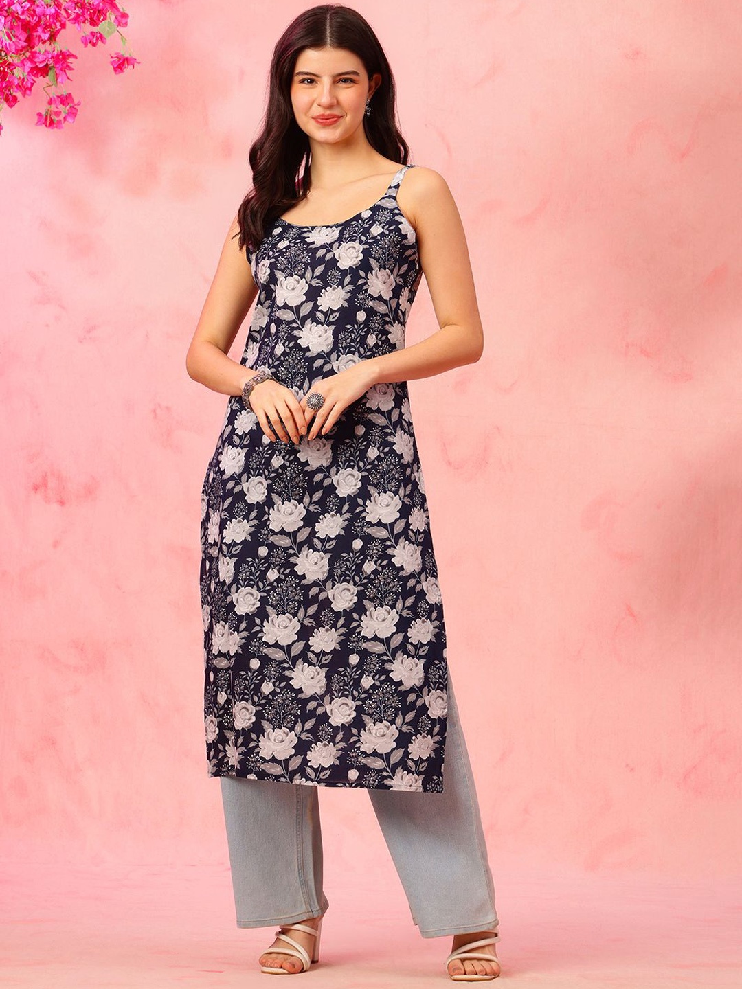 

EthniFlair Floral Printed Shoulder Straps Neck Sleeveless Pure Cotton Straight Kurta, Blue