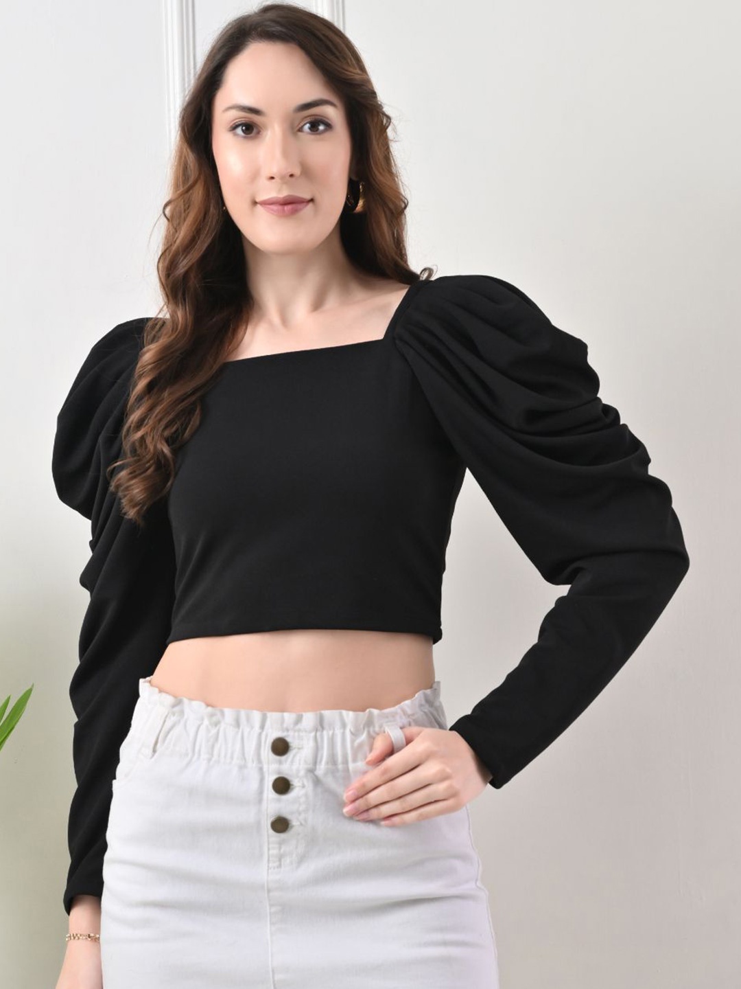 

BAESD Women Puff Sleeve Crop Top, Black