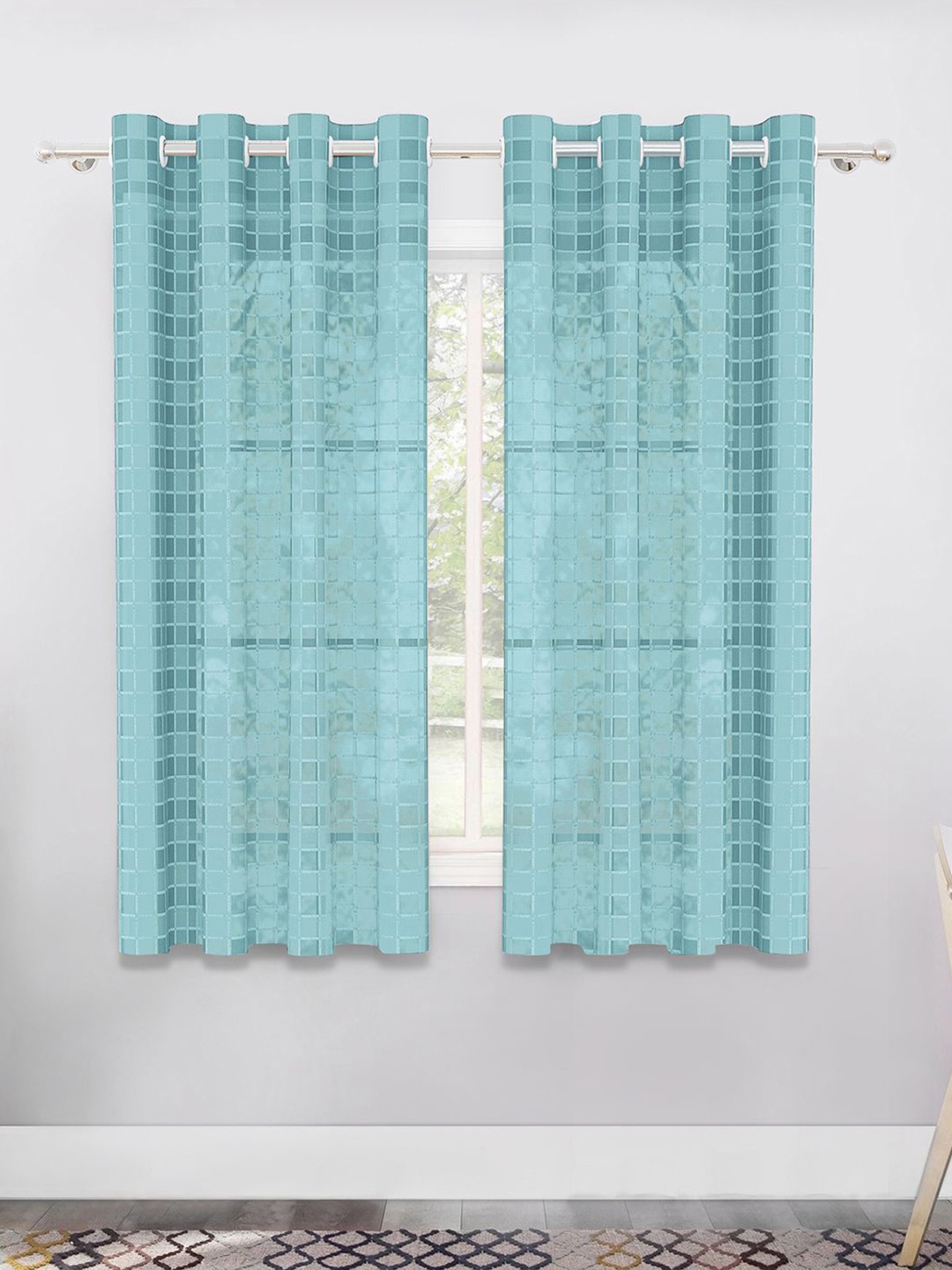 

Story@home Serene Blue Set of 2 Geometric Sheer Window Curtains