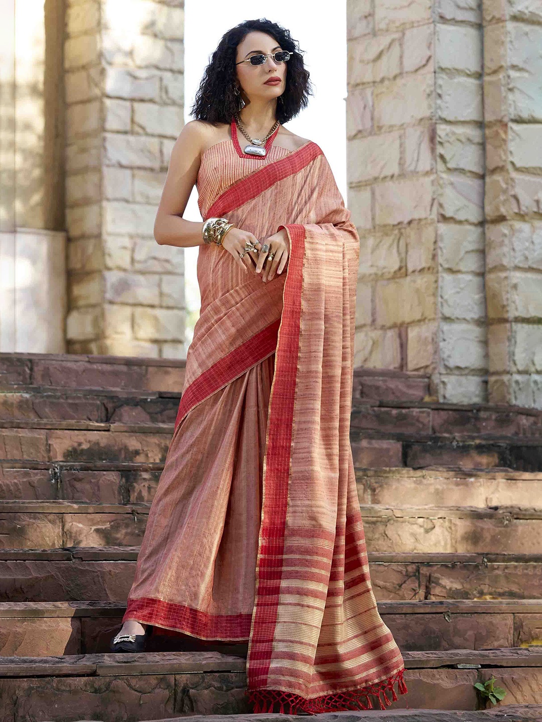 

Mitera Striped Saree, Peach