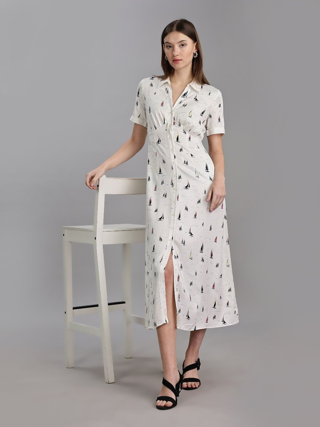 

Tommy Hilfiger Printed Spread Collar Shirt Midi Dress, White