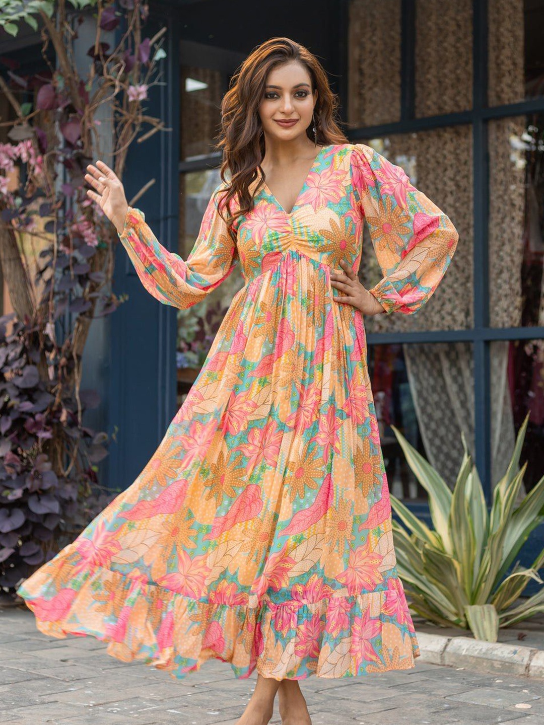 

CORSICA Floral Print Flared Sleeve Maxi Dress, Orange