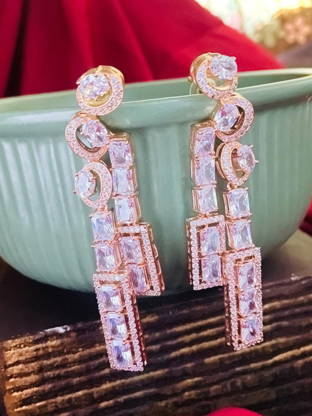 

MONI LIFESTYLE Rose Gold Plated American Diamond Studded Geometric Drop Earrings