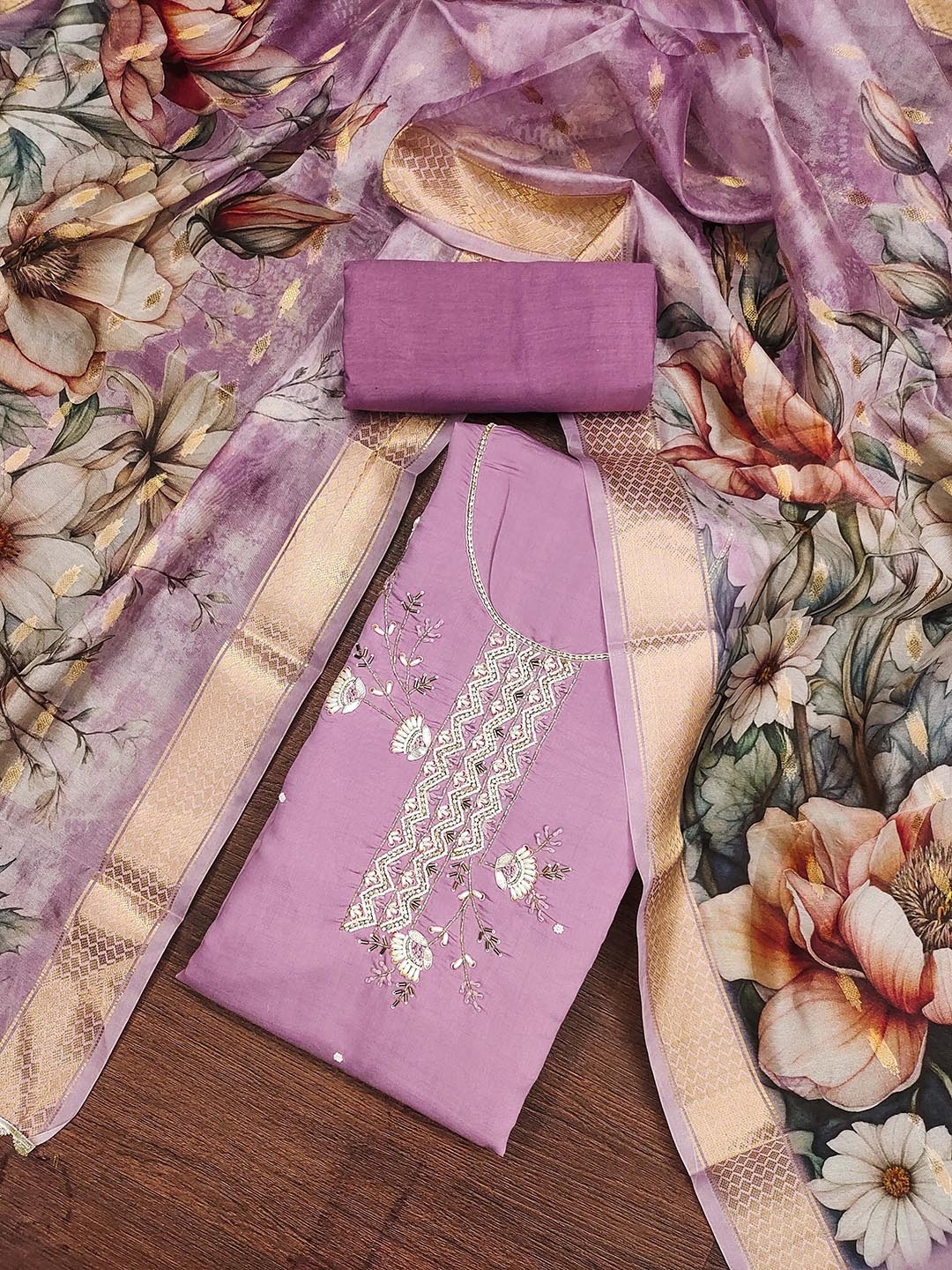 

SHADOW & SAINING Floral Embroidered Beads & Stones Pure Silk Unstitched Dress Material, Purple