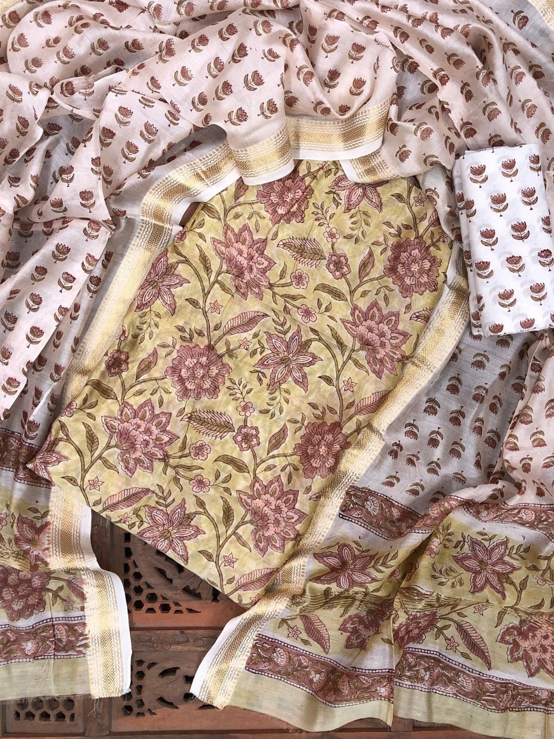 

PALASH Floral Block Printed Pure Silk Unstitched Dress Material, Yellow