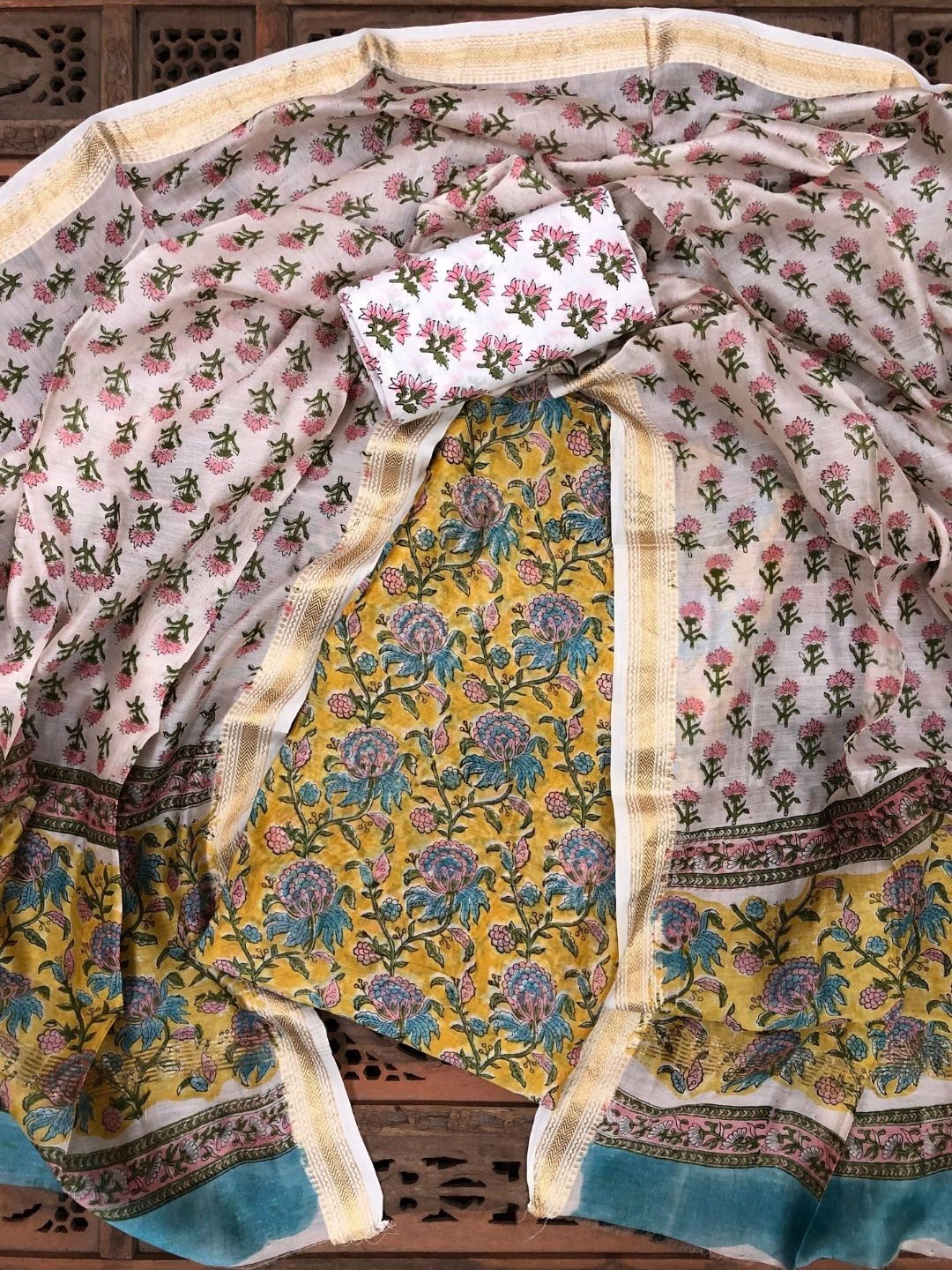 

PALASH Floral Block Printed Pure Silk Unstitched Dress Material, Yellow
