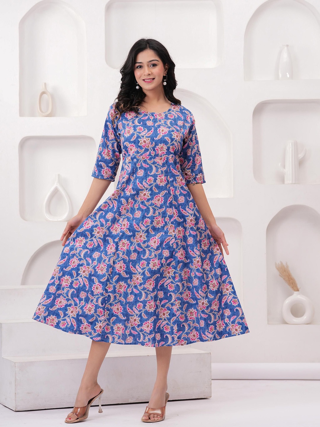 

Sanganeri Kurti Floral Print Fit & Flare Midi Dress, Blue