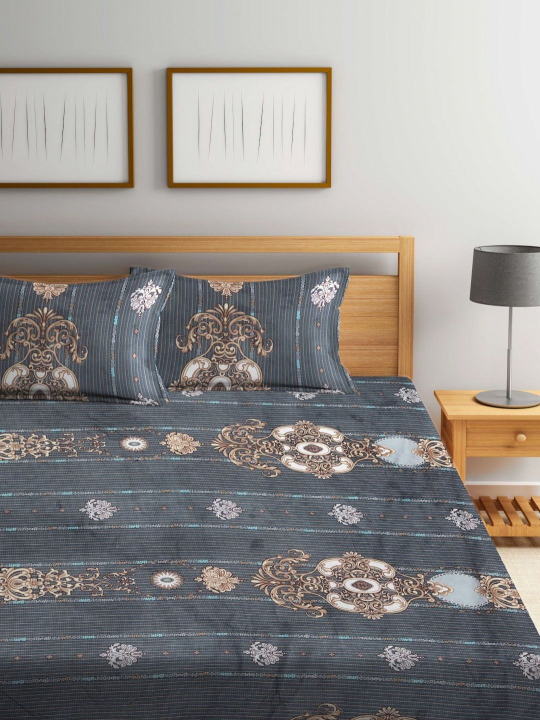 

Myntra Elegant Homes Grey & Brown Printed 300 TC King Bedsheet Set- 2.70 m x 2.70 m