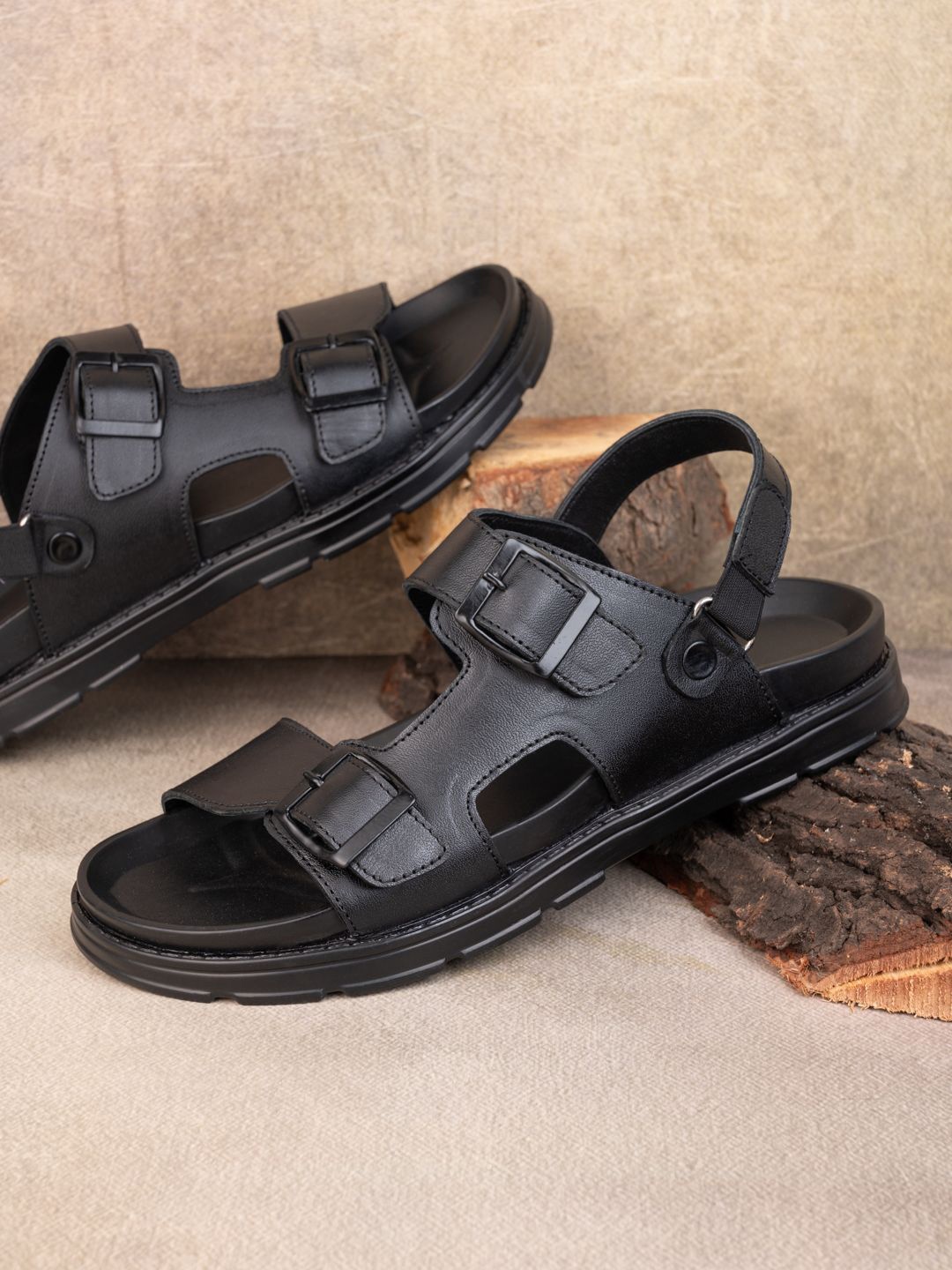 

MENGLER Men Leather Comfort Sandals, Black
