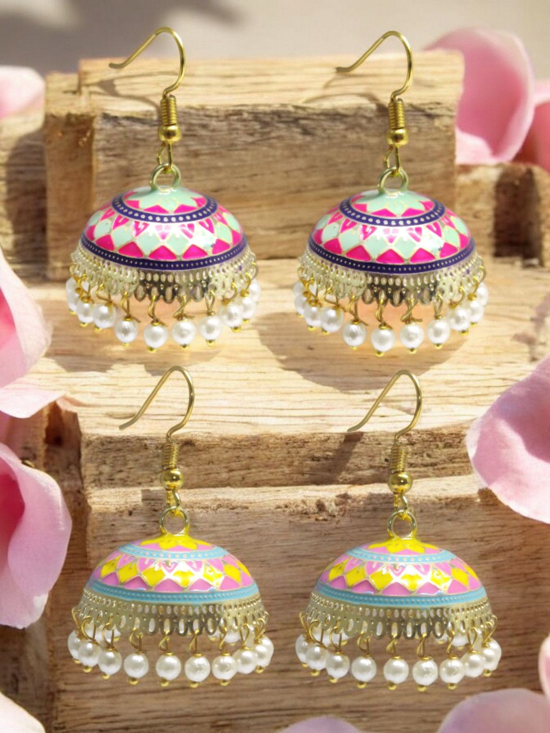 

Anouk Set Of 2 Artificial Stones And Beads Dome Shaped Jhumkas, Gold