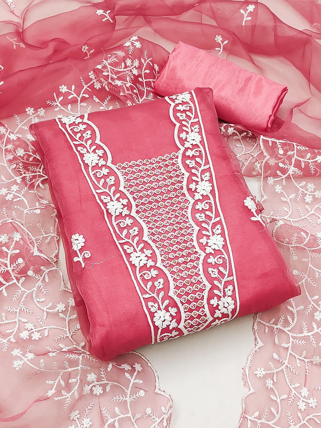 

SHADOW & SAINING Floral Embroidered Organza Unstitched Dress Material, Pink