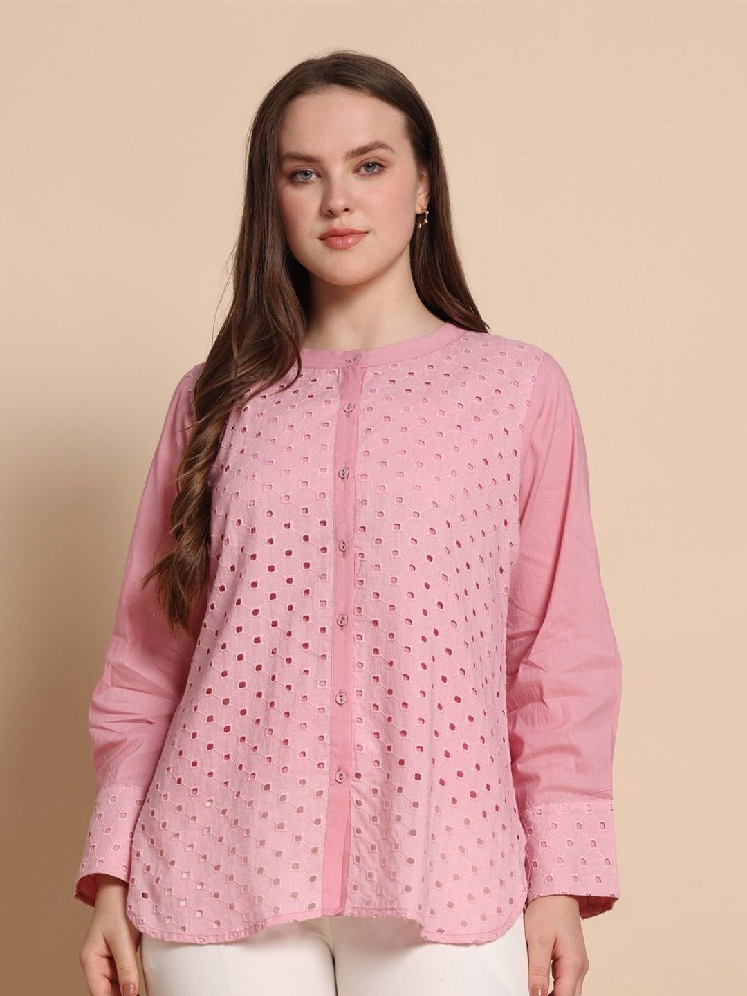 

DRESOUL Women Round Neck Cuffed Sleeves Cotton schiffli Shirt Style Top, Pink